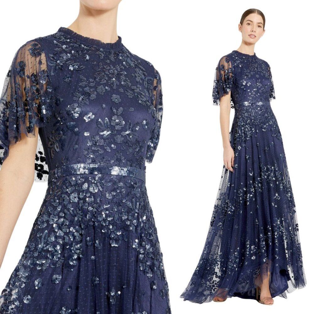 Mac Duggal 9192 Size 2 Blue Sequined High Neck Flutter Sleeve A Line Gown Dress